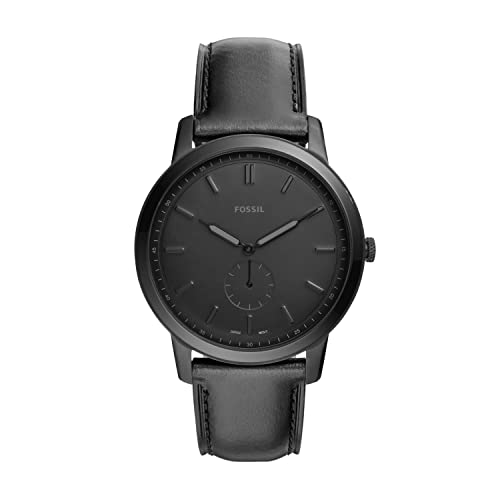 Fossil Men's Minimalist Quartz Stainless Steel and Leather Two-Hand Watch, Color: Black (Model: FS5447)
