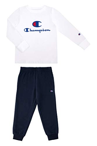 Champion Kids Boys Long Sleeve Hooded and Crew Neck Tee Shirt and Fleece Jogger Sweatpant 2 Piece Set Kids Clothes (White/Navy C, 6)