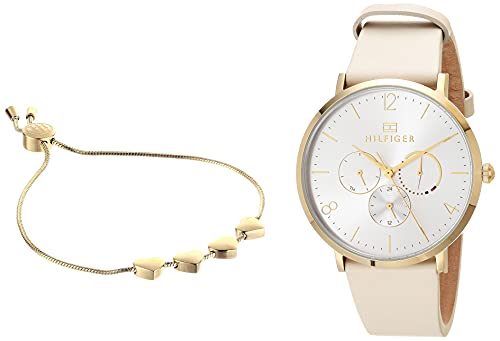 Tommy Hilfiger Women's Watch and Jewelry Gift Set, Gold Plated Case Watch with a Heart Shaped Charm Bracelet