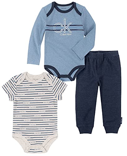 Calvin Klein Baby Boys' 3 Pieces Bodysuit Pants Set, Quiet Harbor/Oatmeal Heather/Medieval Blue, 12M
