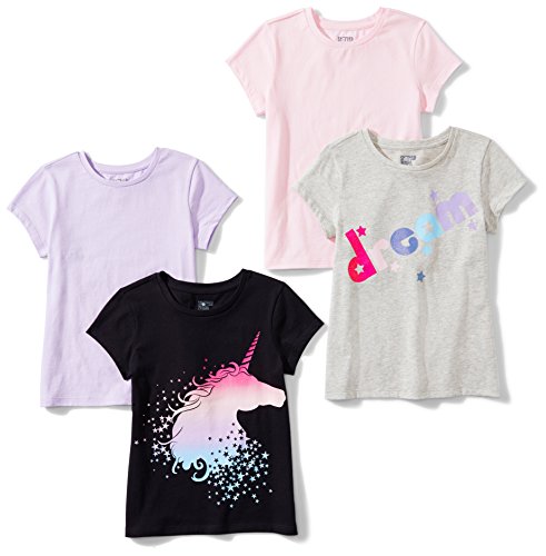 Amazon Essentials Girls' Short-Sleeve T-Shirt Tops (Previously Spotted Zebra), Pack of 4, Black Unicorn/Grey Text Print/Light Pink/Lilac, Small