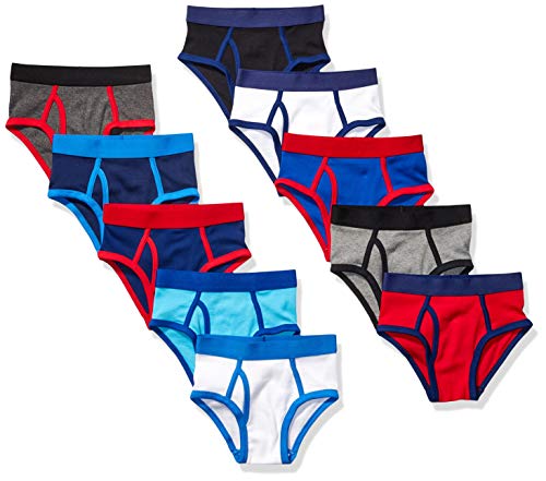 Amazon Essentials Boys' Cotton Briefs Underwear, Pack of 10, Red/Blue/Grey, Medium