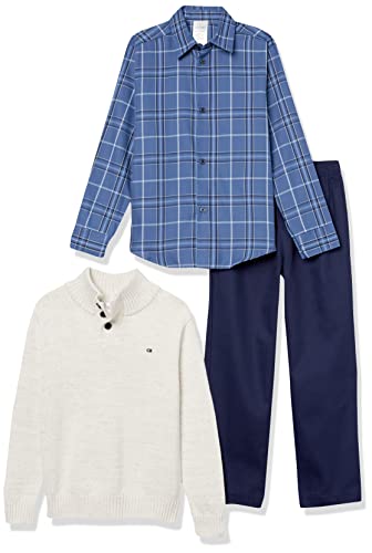 Calvin Klein Boys' 3-Piece Sweater, Dress Shirt, and Pants Set, Linen Marled, 3T