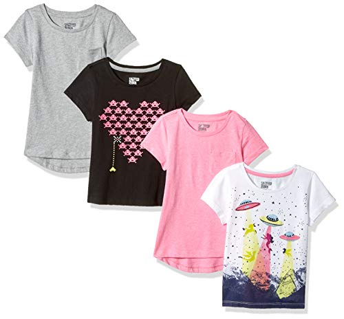 Spotted Zebra Girls' Short-Sleeve T-Shirts, Pack of 4, Grey/Black/Pink, Hearts, Medium