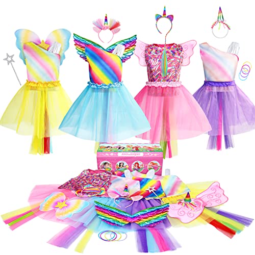 Jeowoqao Girls Princess Dress up Trunk Set 19 Pcs, Rainbow Unicorn Costume Set, Toddler Girls Dress up Clothes Pretend Play Costumes Set for Little Girl Ages 3-6